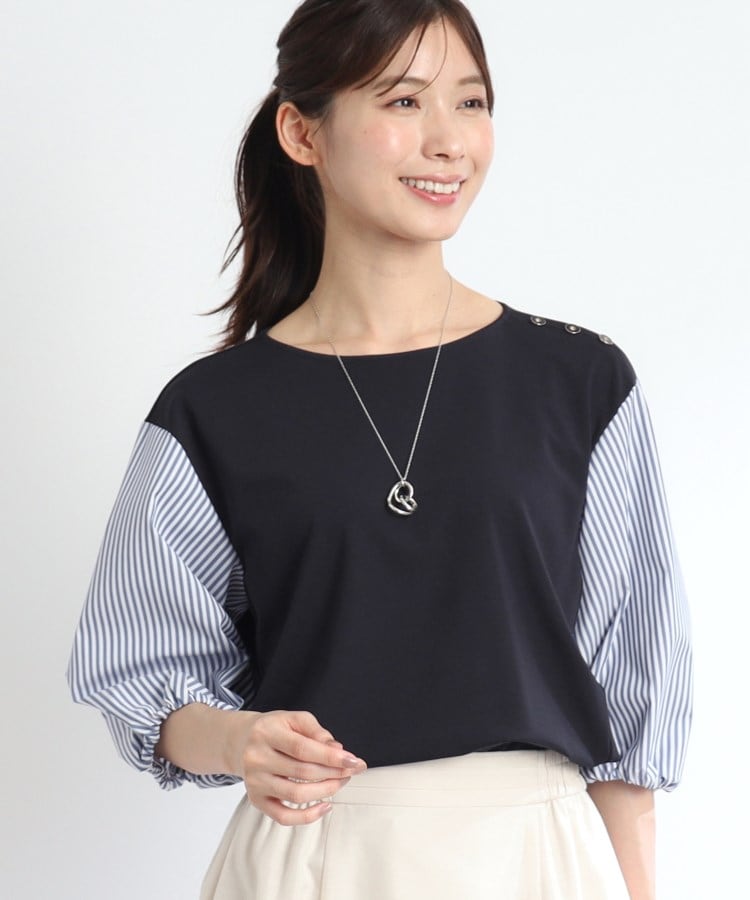 リフレクト(Reflect)の【夏SALE／人気商品の夏バージョン！UVカット／接触冷感／洗える】ストライプスリーブカットソー ネイビー(094)