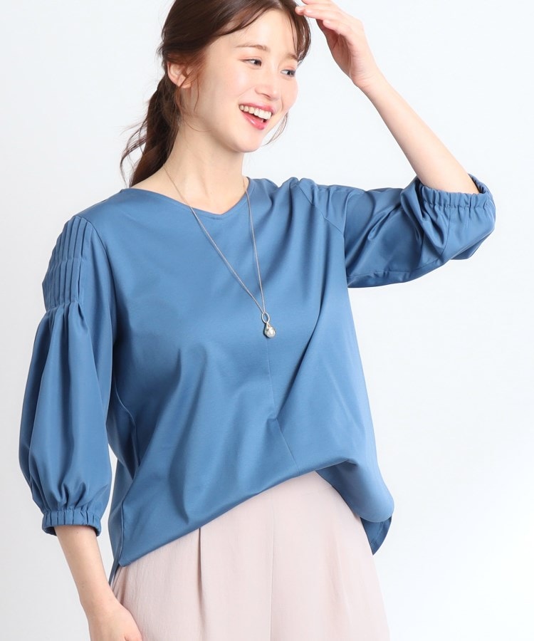 【美品♪】アンタイトル　Vネックフリルジャージブラウス　ブルー 美品 】アンタイトル Vネックフリルジャージブラウス ブルー