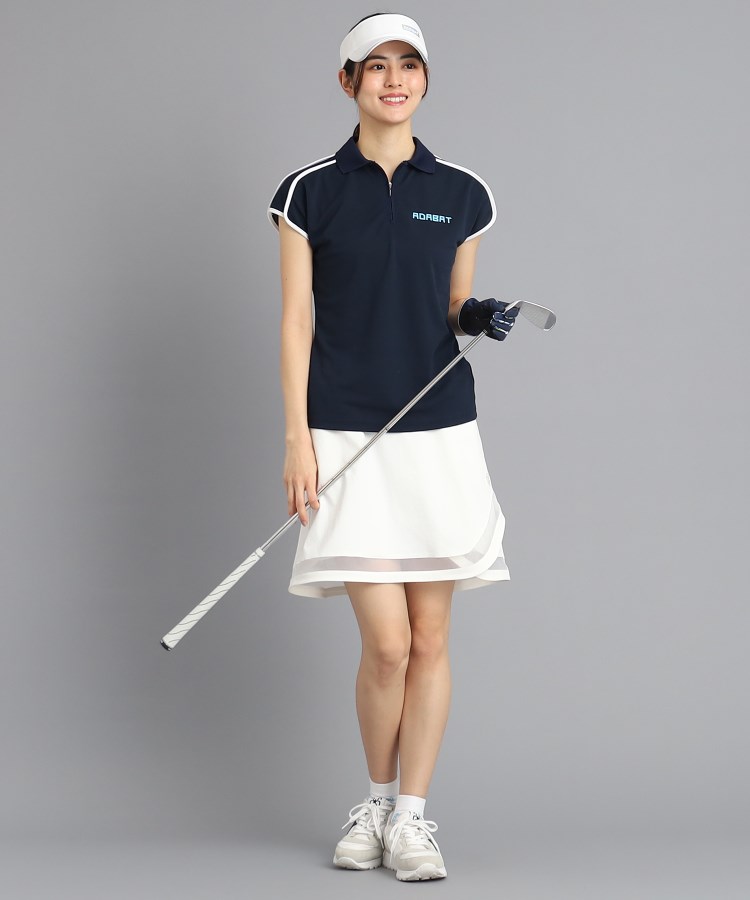 ファッションの アダバット ポロシャツ スタンドカラー ハーフジップアップ ロゴ刺繍 ゴルフ 白