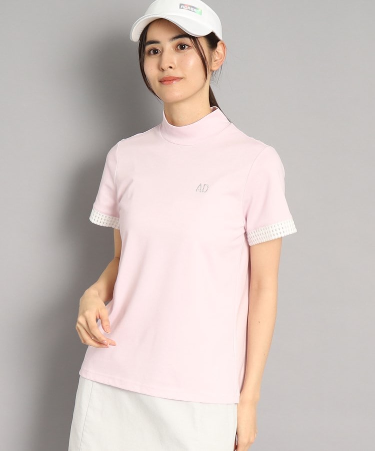 アダバット(レディース)(adabat(Ladies))の【吸水速乾/UVカット】ラインストーンロゴデザイン モックネック半袖プルオーバー ライトピンク(070)