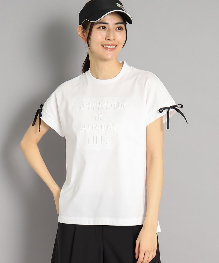 アダバット(レディース)(adabat(Ladies))のロゴデザイン リボン付き フレンチスリーブTシャツ ホワイト(001)