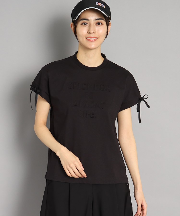 アダバット(レディース)(adabat(Ladies))のロゴデザイン リボン付き フレンチスリーブTシャツ ブラック(019)