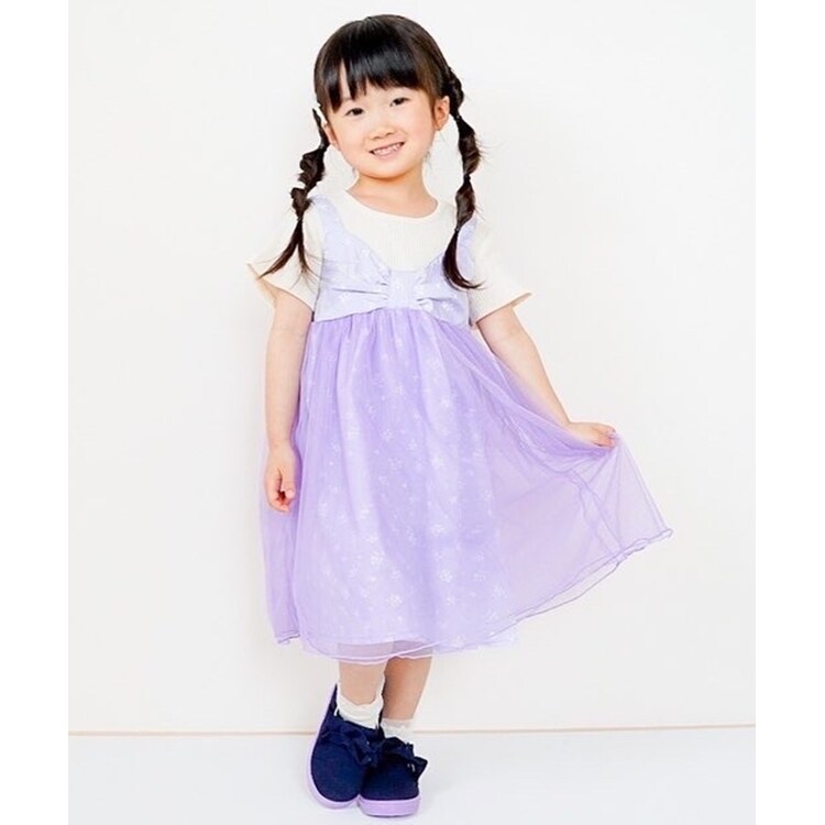 シューラルー /キッズ(SHOO・LA・RUE/Kids)の◆【100-130cm】単色フラワー異素材ドッキングワンピース ミドルワンピース