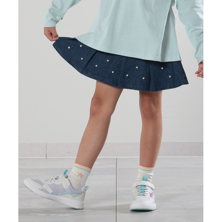 110-140cm】フェイクパール付きデニムプリーツスカート(ミニ 110-140cm】フェイクパール付きデニムプリーツスカート(ミニ