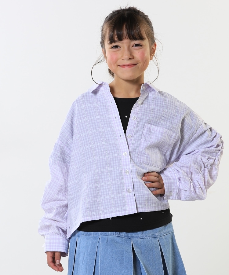 シューラルー /キッズ(SHOO・LA・RUE/Kids)の【洗える/100-150cm】お袖リボンがアクセント クロップド丈 チェックシャツ ラベンダー(280)