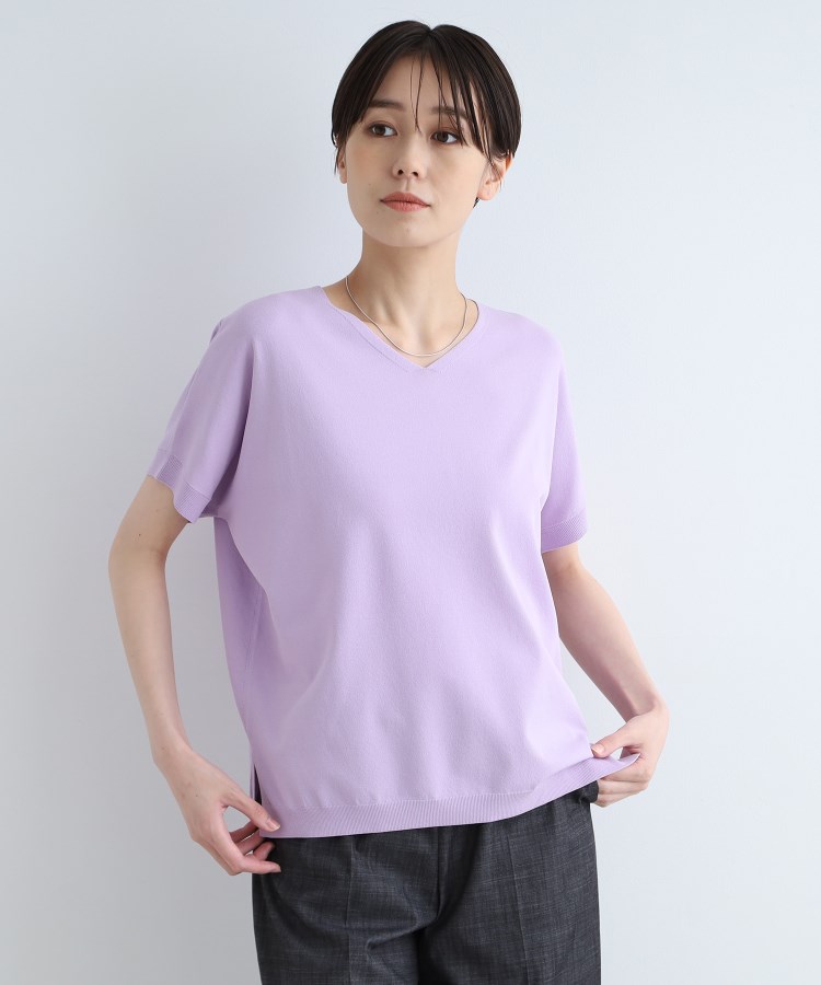 インディヴィ(INDIVI)の【新色登場！/洗える/夏に着たい】Vネック Tシャツライクニット ライトパープル(081)