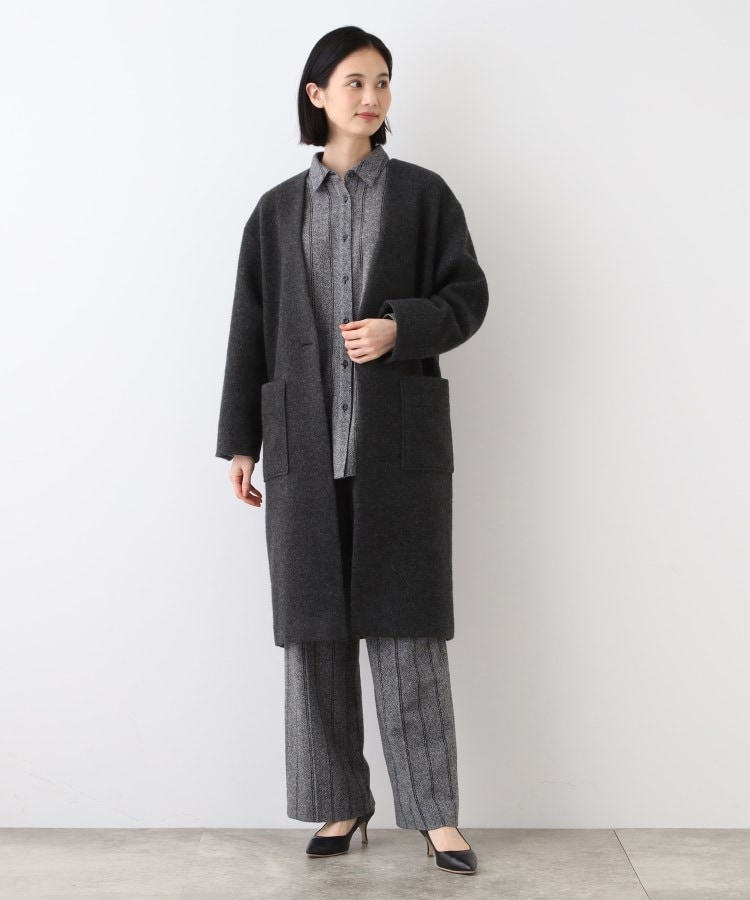 日本製/カシミヤ混】ガウン風ロングコート(ノーカラーコート 日本製/カシミヤ混】ガウン風ロングコート(ノーカラーコート