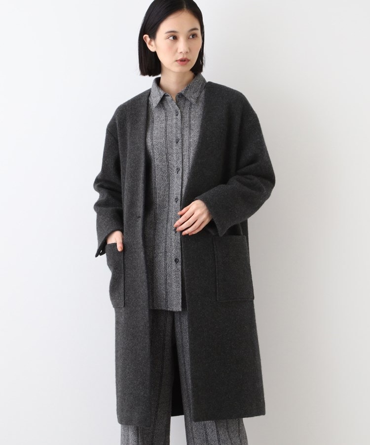 日本製/カシミヤ混】ガウン風ロングコート(ノーカラーコート 日本製/カシミヤ混】ガウン風ロングコート(ノーカラーコート