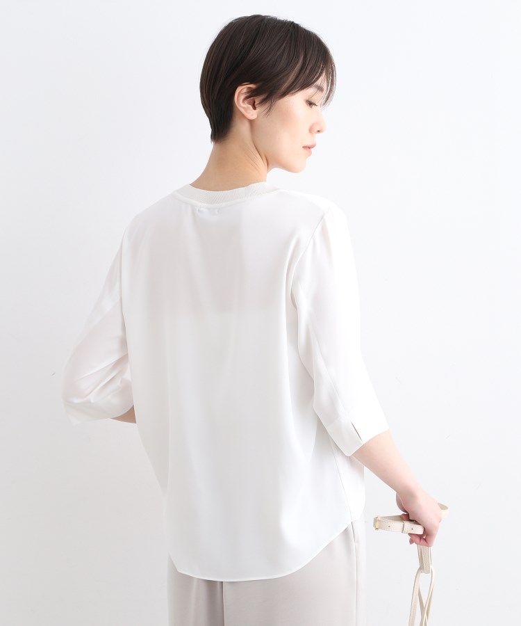 洗える/5分袖】リブデザインドレープブラウス(シャツ 洗える/5分袖】リブデザインドレープブラウス(シャツ