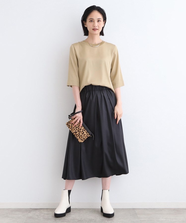 洗える/5分袖】リブデザインドレープブラウス(シャツ 洗える/5分袖】リブデザインドレープブラウス(シャツ