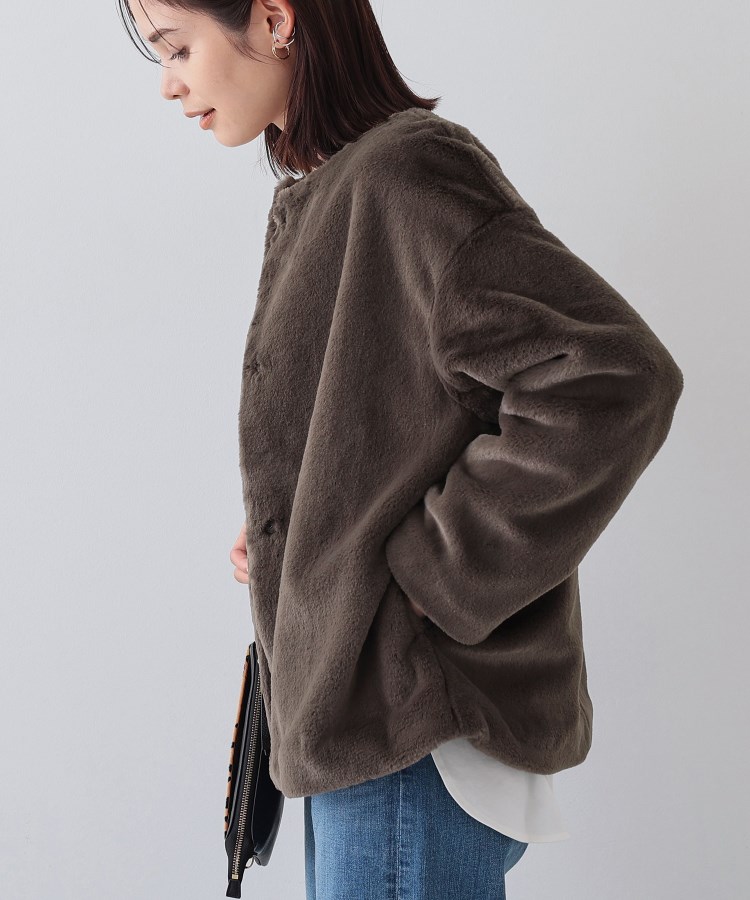 トレンドコート】大人フェイクファーコート（ノーカラーコート