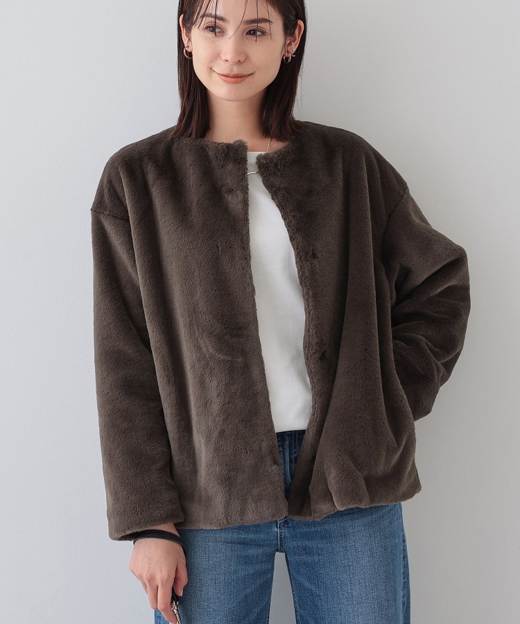 トレンドコート】大人フェイクファーコート(ノーカラーコート トレンドコート】大人フェイクファーコート(ノーカラーコート