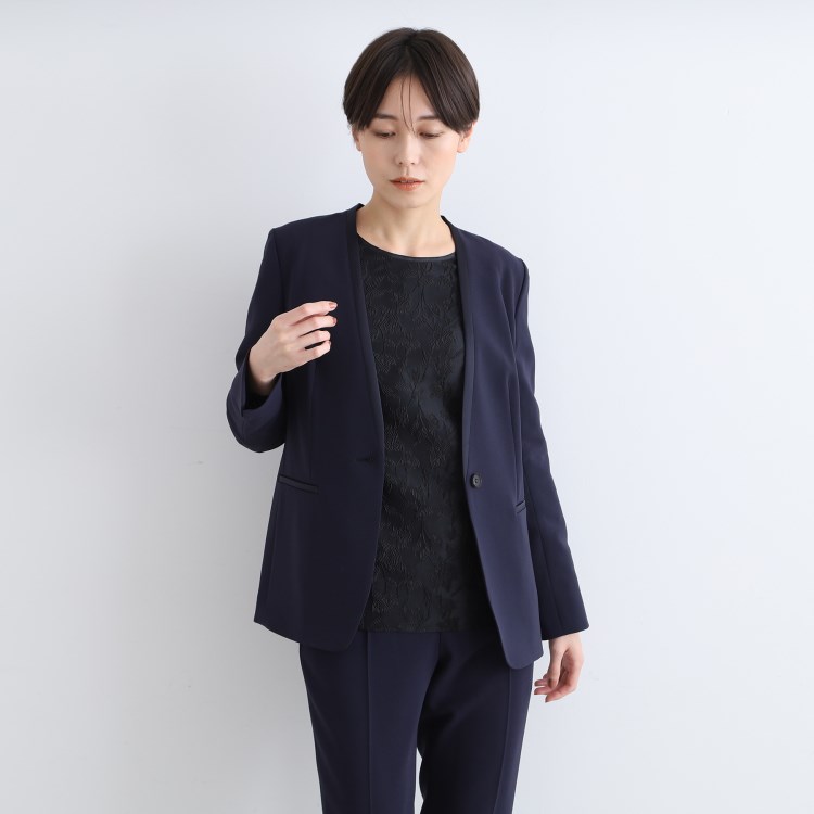 日本製／定番スーツ】トリアセテート混ノーカラージャケット