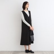 洗える/バックシャン】Vネックロングジャンパードレス(ミドル 洗える/バックシャン】Vネックロングジャンパードレス(ミドル