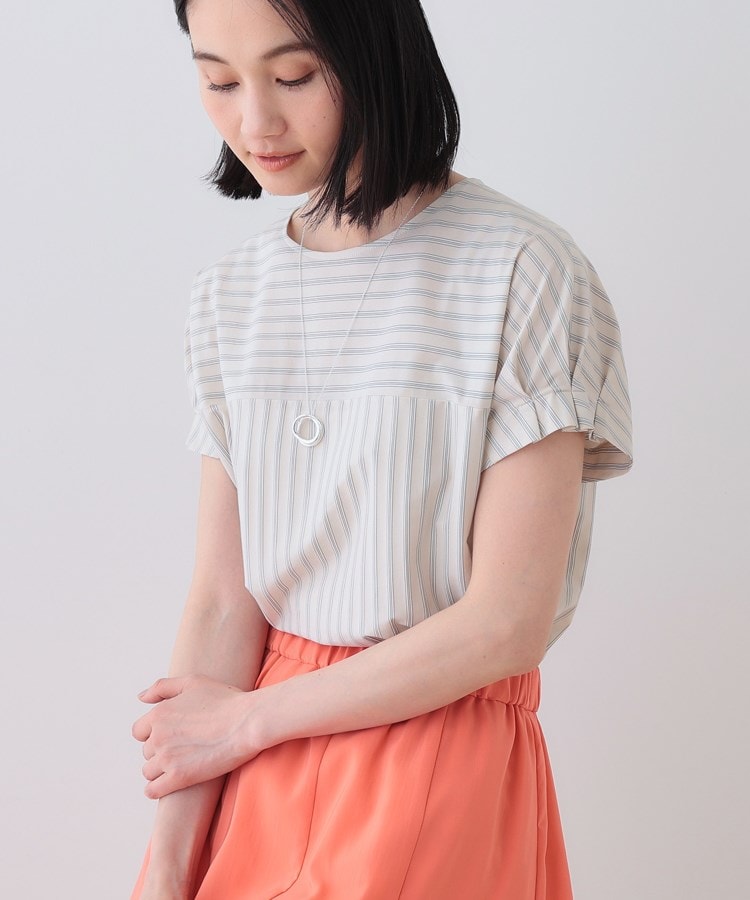 インディヴィ(INDIVI)の春SALE！【洗える／ストライプ柄】袖タックブラウス ベージュ(352)