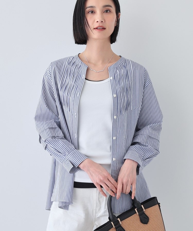 春SALE!【UVケア/カラーストライプ柄】タックデザインブラウス 春SALE!【UVケア/カラーストライプ柄】タックデザインブラウス