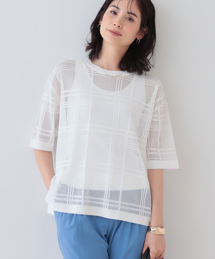 インディヴィ(INDIVI)の春SALE！【洗える】メッシュチェック柄ニット ホワイト(001)