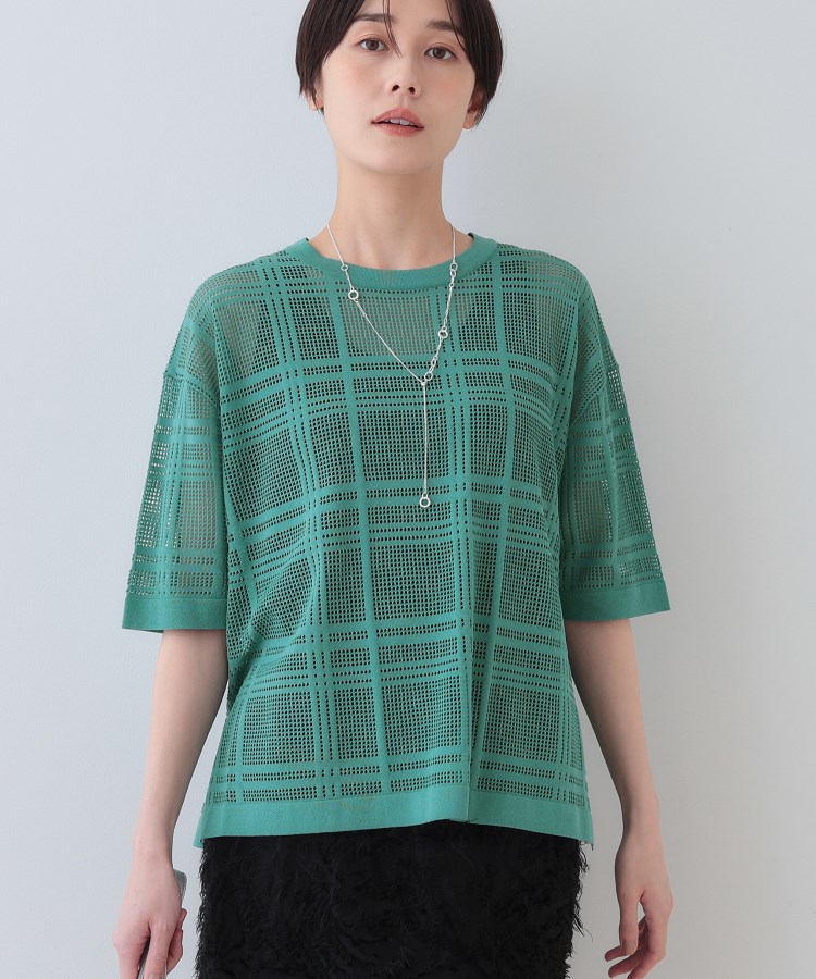 インディヴィ(INDIVI)の春SALE！【洗える】メッシュチェック柄ニット グリーン(022)
