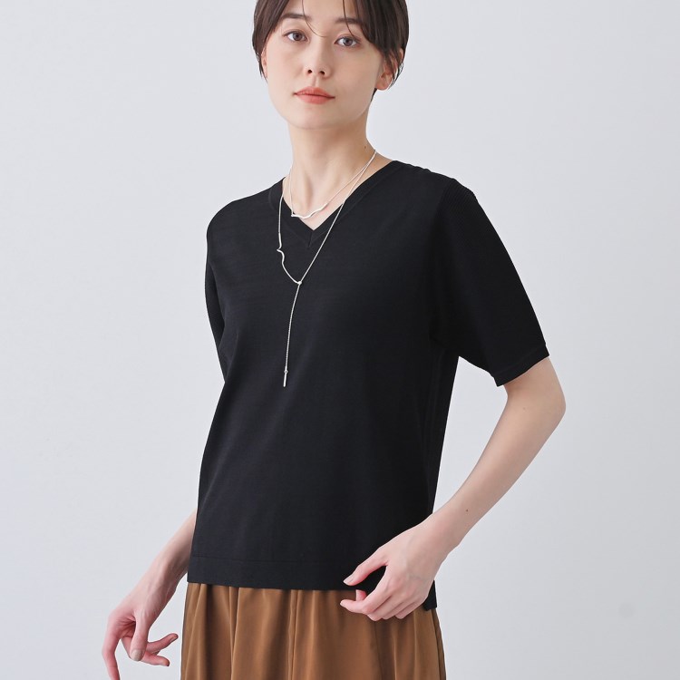 インディヴィ(INDIVI)の【洗える／清涼感】レーヨンストレッチ 安心丈の半袖ニット ニット/セーター