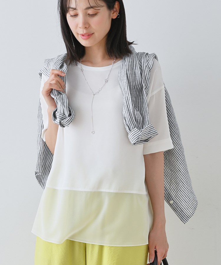 インディヴィ(INDIVI)の【洗える】裾シアー半袖トップス ホワイト(001)