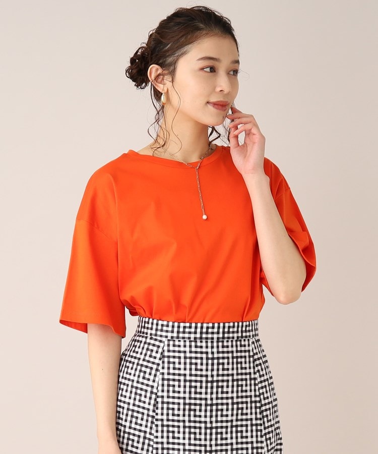 アンタイトル(UNTITLED)の【ゆったり着られる】5分袖ワイドTシャツ オレンジ(067)