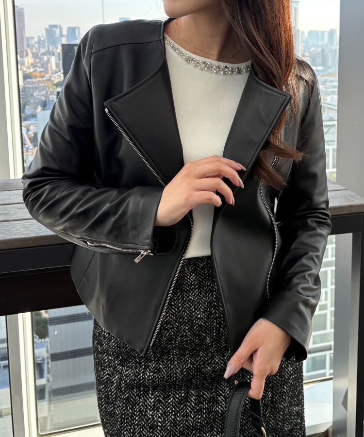 羊革】女性らしい雰囲気にこだわったレザーブルゾン(ライダース 羊革】女性らしい雰囲気にこだわったレザーブルゾン(ライダース