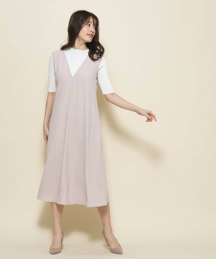 洗える/5分袖ニット+ジャンスカのセット】Vネックとシルエット 洗える/5分袖ニット+ジャンスカのセット】Vネックとシルエット