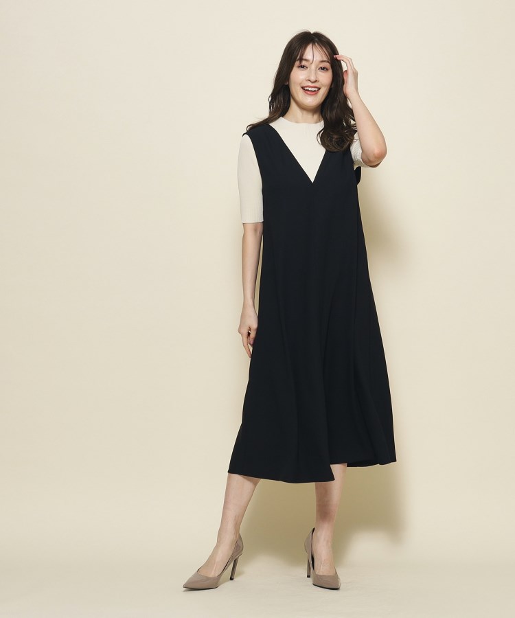 洗える/5分袖ニット+ジャンスカのセット】Vネックとシルエット 洗える/5分袖ニット+ジャンスカのセット】Vネックとシルエット