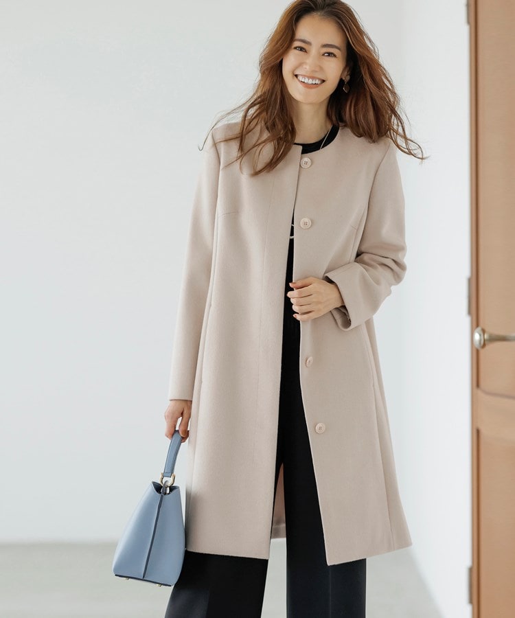 日本製/エレガント/定番人気】ウールカシミヤ混ノーカラーコート 日本製/エレガント/定番人気】ウールカシミヤ混ノーカラーコート