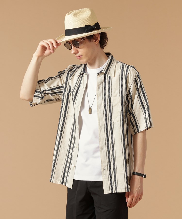 フォーティーカラッツアンドゴーニーゴ(40CARATS&525)の【Made in JAPAN】綿麻ドビーストライプ　半袖シャツ アイボリー(304)