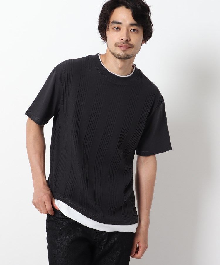 ベースコントロール(BASE CONTROL)の針抜き編み×天竺 フェイクレイヤードデザイン 半袖Tシャツ ブラック(019)