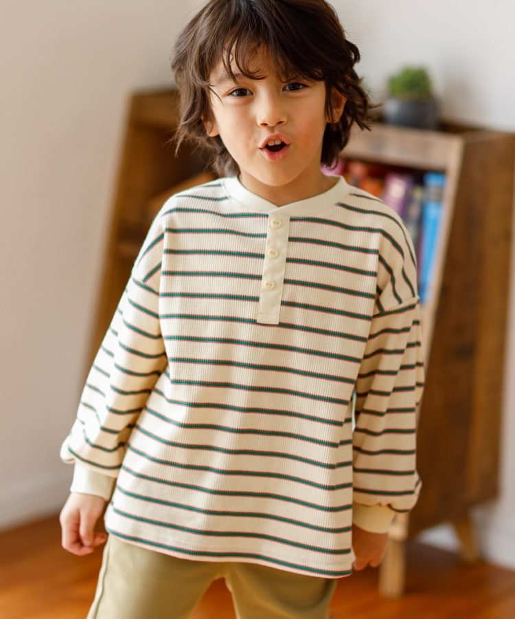 ザ ショップ ティーケー（キッズ）(THE SHOP TK(Kids))の◆【100-140】【伸縮性〇/やわらかい】マルチボーダーワッフルプルオーバー オフホワイト(303)