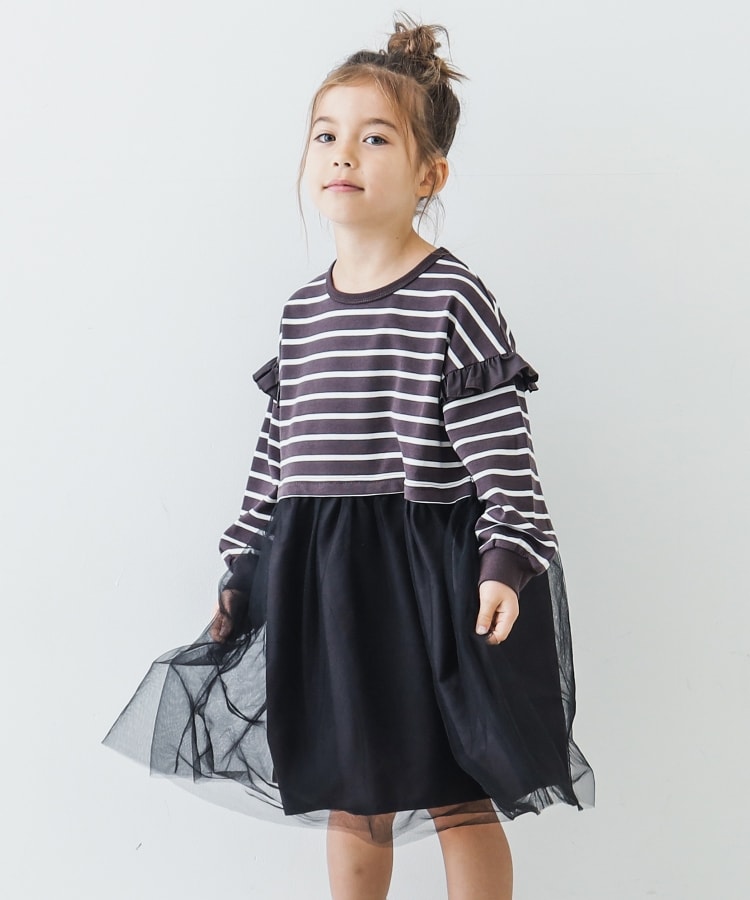 ザ ショップ ティーケー（キッズ）(THE SHOP TK(Kids))の【100-150】ボーダーチュールドッキングワンピース チャコールグレー(314)