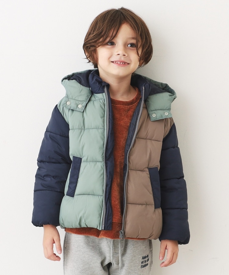 ザ ショップ ティーケー（キッズ）(THE SHOP TK(Kids))の【100-150】配色中綿ブルゾン/フードが外せる ダークオリーブ(529)