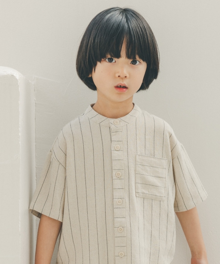 ザ ショップ ティーケー（キッズ）(THE SHOP TK(Kids))の【110-150】麻混ストライプバンドカラーシャツ ナチュラル(350)