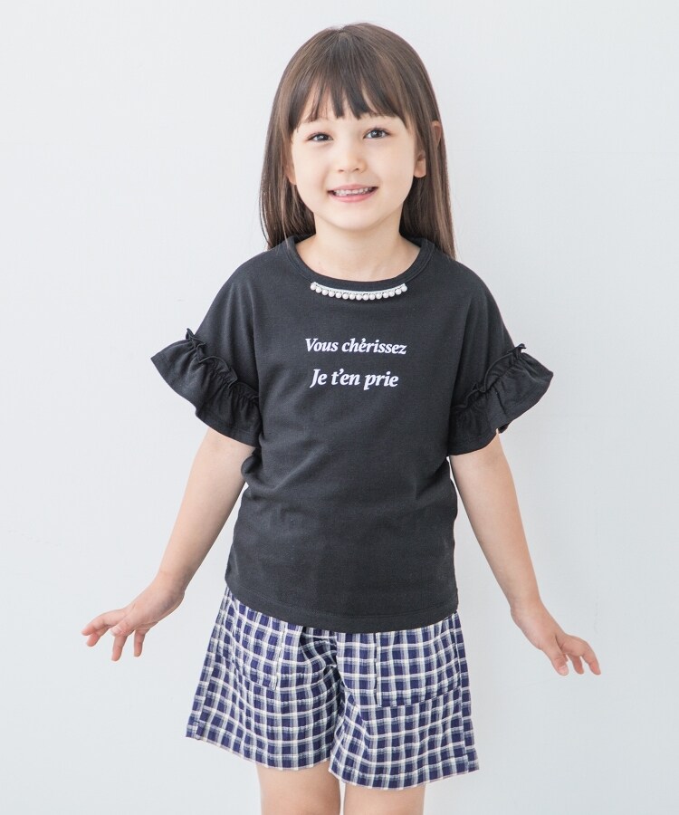 ザ ショップ ティーケー（キッズ）(THE SHOP TK(Kids))の【110-150】フロントモチーフ袖フリルTシャツ ブラック(019)