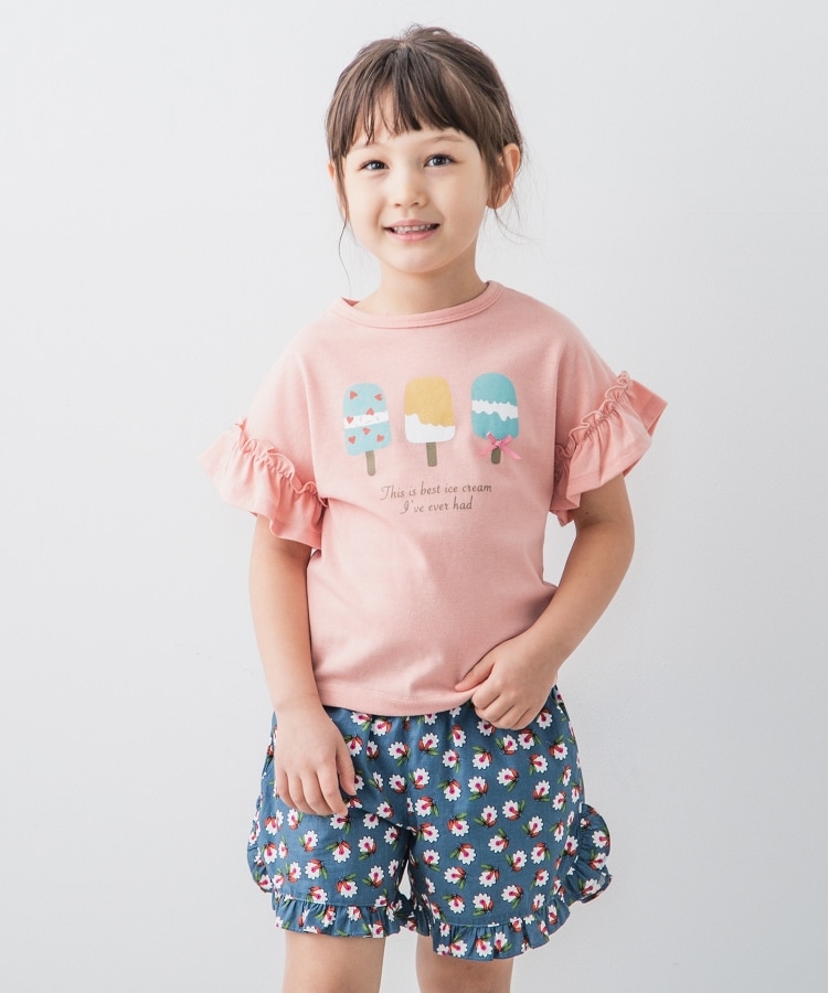 ザ ショップ ティーケー（キッズ）(THE SHOP TK(Kids))の【110-150】フロントモチーフ袖フリルTシャツ ライトオレンジ(166)