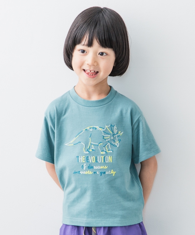 ザ ショップ ティーケー（キッズ）(THE SHOP TK(Kids))の【100-140】恐竜刺繍Tシャツ カーキ&グリーン(020)