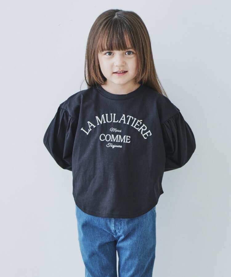 ザ ショップ ティーケー（キッズ）(THE SHOP TK(Kids))の【100-150/洗濯機で洗える】パフスリーブロゴプルオーバー ブラック(019)