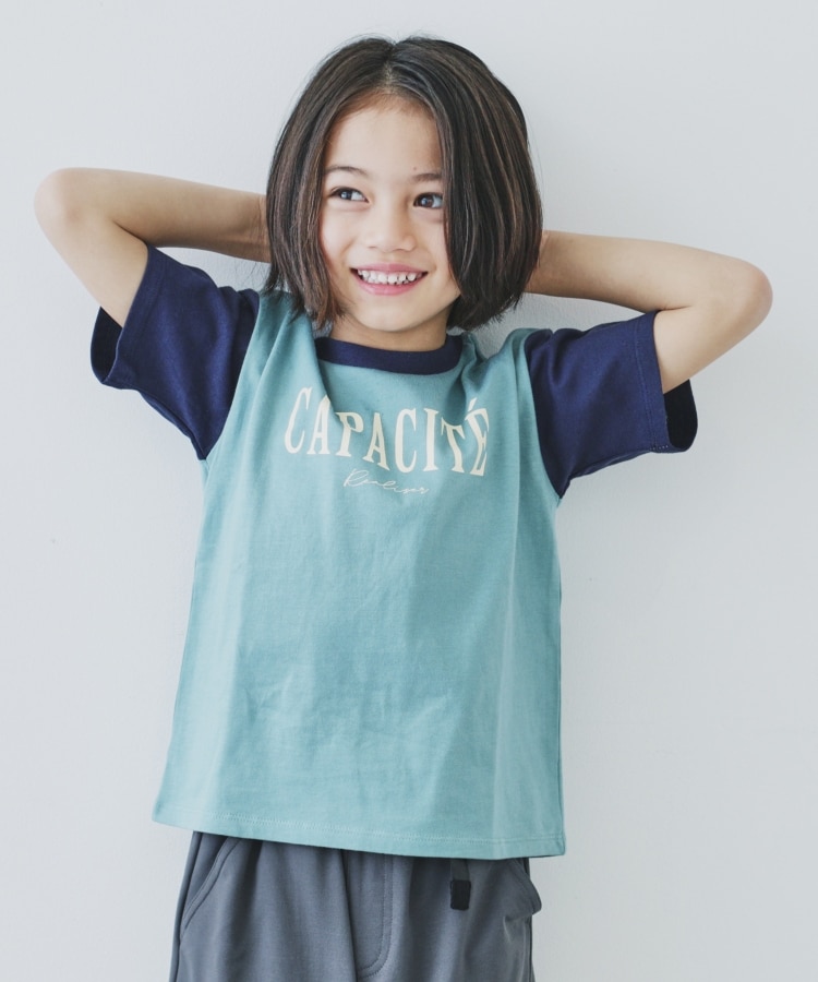 ザ ショップ ティーケー（キッズ）(THE SHOP TK(Kids))の【110-150】オーガビッツ配色コットンTシャツ ブルーグリーン(597)