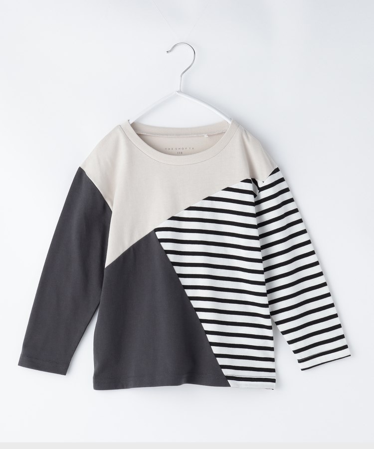 ザ ショップ ティーケー（キッズ）(THE SHOP TK(Kids))の【100-150】斜めブロッキング長袖Tシャツ/洗濯機OK グレージュ(550)