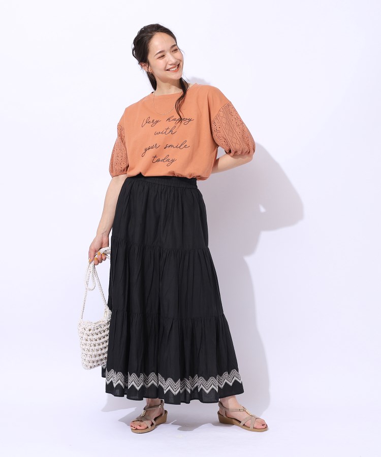 晩夏まで活躍/5分袖】お袖レース ロゴプリントトップス 晩夏まで活躍/5分袖】お袖レース ロゴプリントトップス