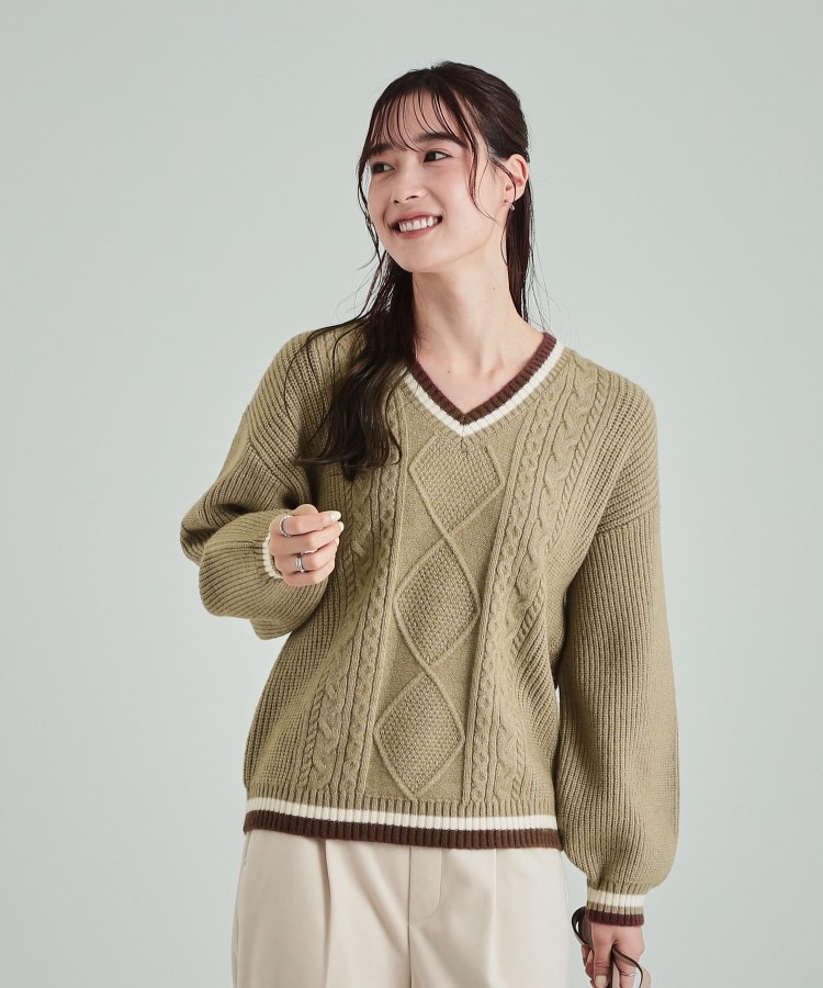 大人レトロ 配色ラインVネックケーブルニット(ニット/セーター 大人レトロ 配色ラインVネックケーブルニット(ニット/セーター
