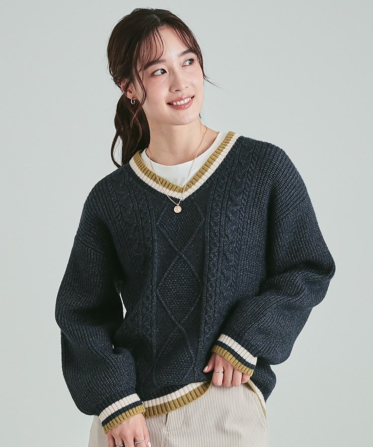 大人レトロ 配色ラインVネックケーブルニット(ニット/セーター 大人レトロ 配色ラインVネックケーブルニット(ニット/セーター