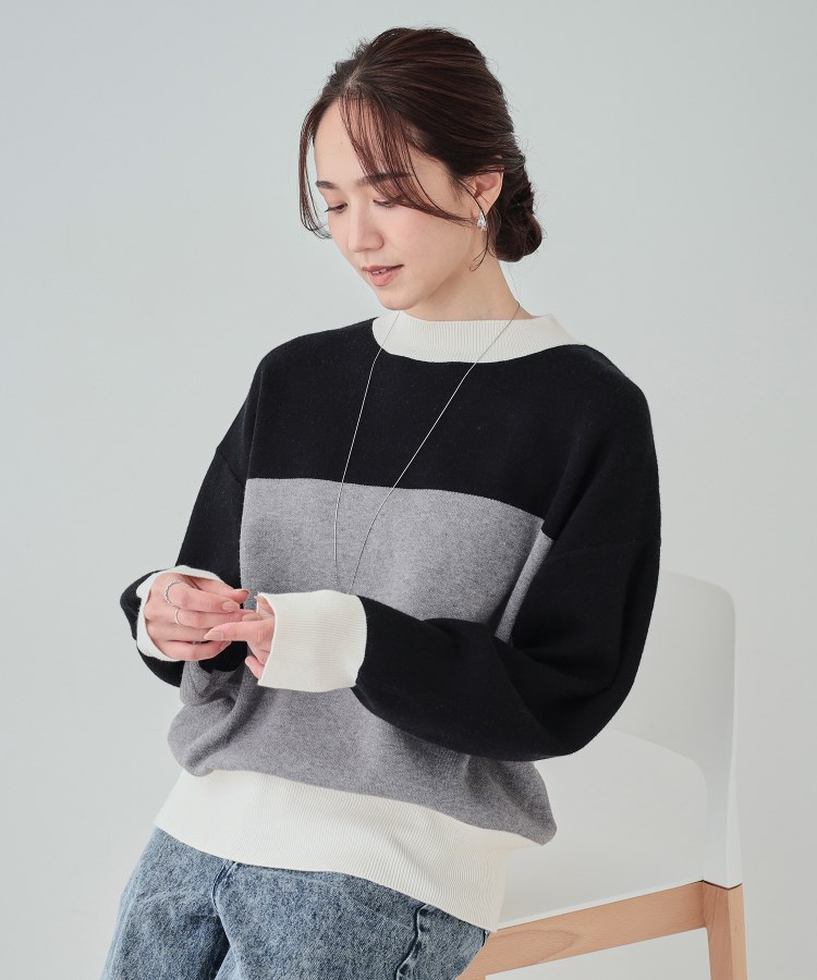 S-LL】首元あったか レトロカラーブロッキングニット(ニット S-LL】首元あったか レトロカラーブロッキングニット(ニット