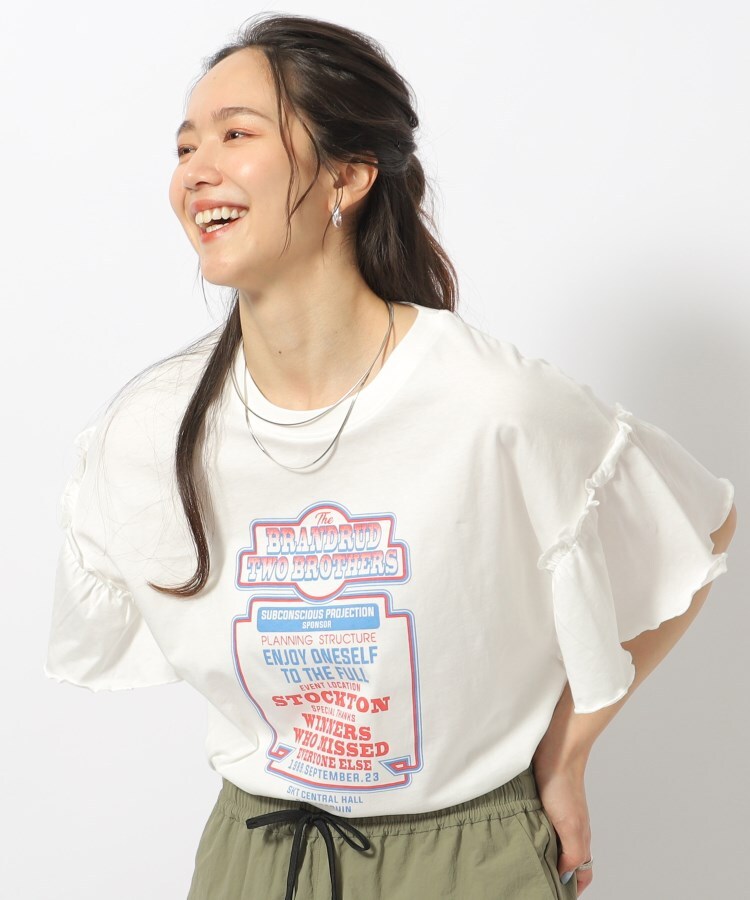 シューラルー(SHOO・LA・RUE/Cutie Blonde)の【綿100％】フリルスリーブ プリントTシャツ ホワイト(002)