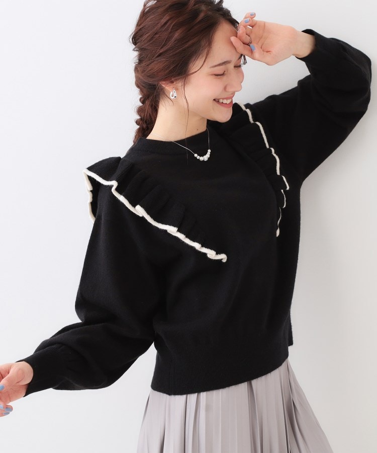 シューラルー(SHOO・LA・RUE/Cutie Blonde)の【S-LL】配色フリルにきゅんとする ハイゲージニット ブラック(019)