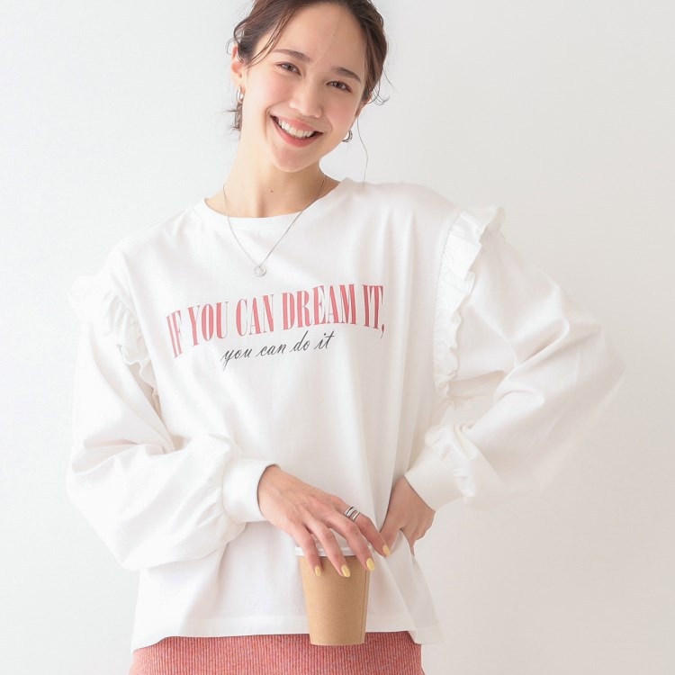 シューラルー(SHOO・LA・RUE/Cutie Blonde)の【S-LL/洗える】ショルダーフリルが目を惹く ロゴプリントロンT Ｔシャツ