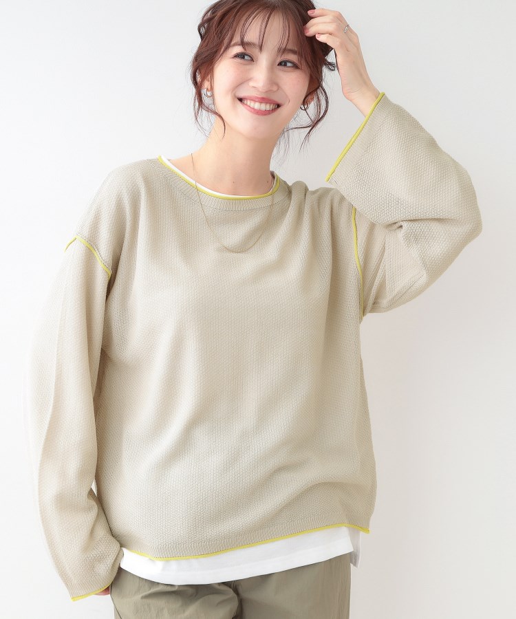 シューラルー(SHOO・LA・RUE/Cutie Blonde)の【S-LL/2枚セット】シアー感も楽しめる 光沢カノコ編み配色ニット+ロンT ライトグレー(511)