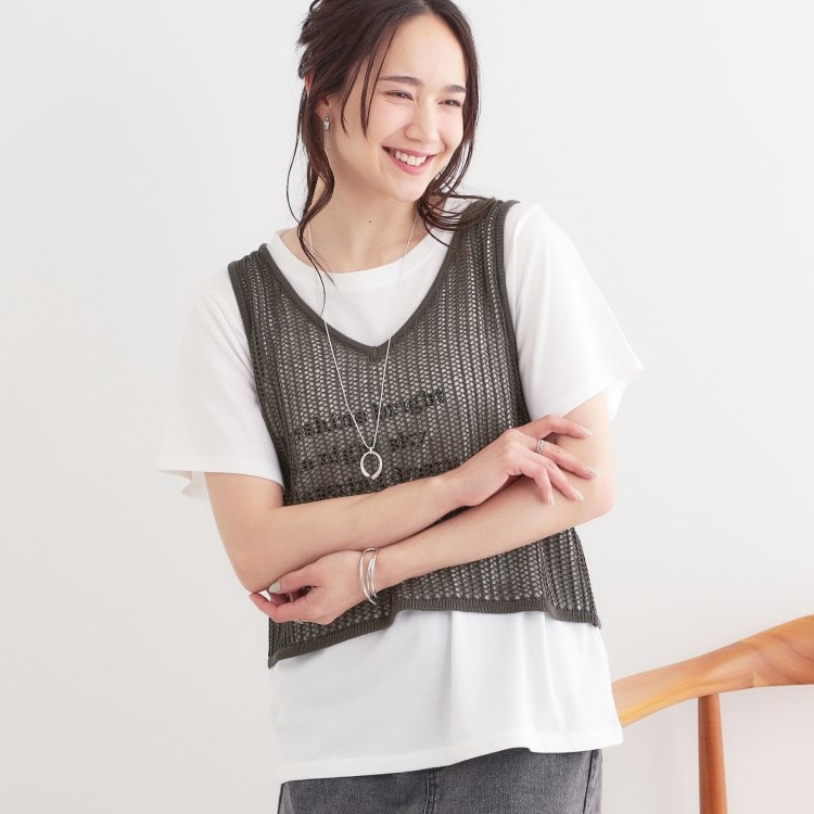 シューラルー(SHOO・LA・RUE/Cutie Blonde)の【2点セット】メッシュニットベスト×ロゴTシャツセット トップス＋インナーセット